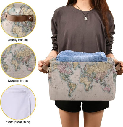 Vintage World Map Storage Basket Collapsible Laundry Organizer with Leather Handles Retro Map Print Rectangular Storage Box Bin 1 PC for Bathroom Clothes Kids Toys Nursery