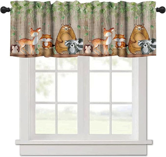 Cartoon Window Valance, Kids Woodland Animal Print Bears Deer Trees Leaves Forest Kitchen Valance for Living Room Nursery Bedroom Nursery Decor with Rod Pocket 54x24 Inch, 3 Piece