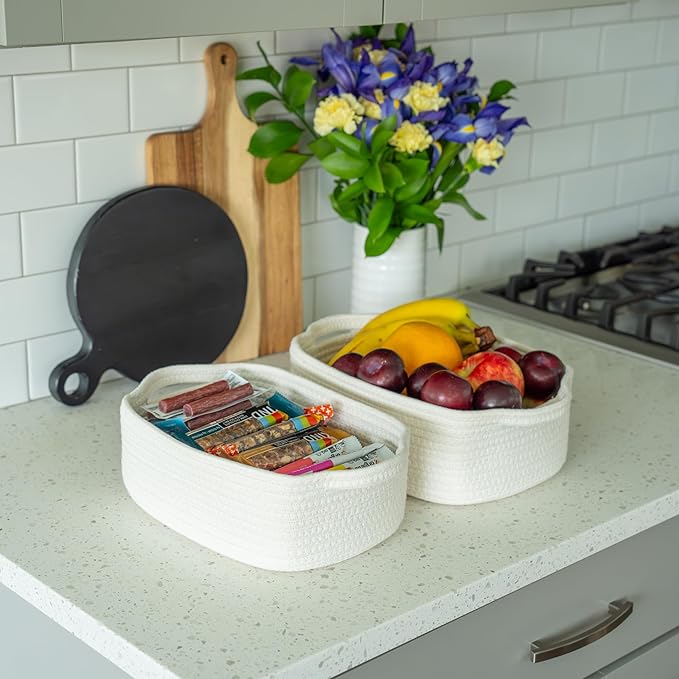 OrganiHaus Set of 5 White Rectangle Bathroom Storage Baskets for Organizing, Small Woven Baskets for Storage Baskets for Bathroom, Nursery Storage Basket for Baby Nursery Organization, Cute Bins