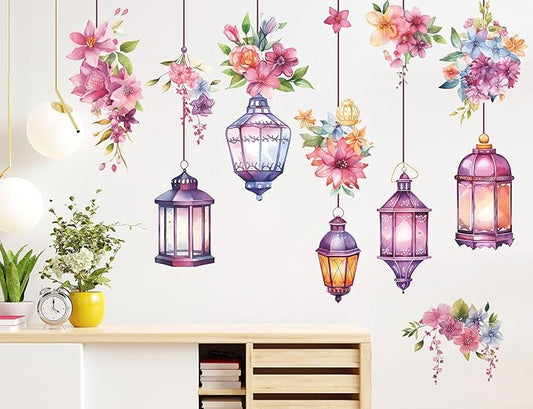 Hanging Flower Vine Wall Stickers Floral and Lamp Peel and Stick Wall Art Decals Flower Vine Wall Decor for Living Room Bedroom TV Background Spring Party Decoration