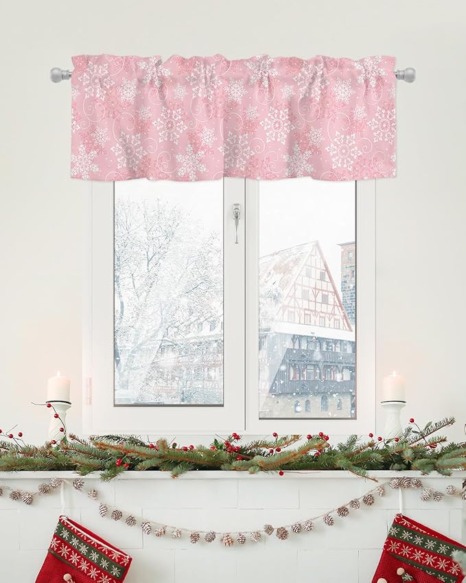 Christmas Valance Curtains for Kitchen Windows Pink White Snowflakes Pattern Rod Pocket Window Treatment Toppers for Kitchen/Living Room/Bedroom/Bathroom, 54" X 18", Winter