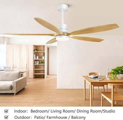 60" Ceiling Fan with Light and Remote,Reversible DC Motor,6Speed,Modern Natural Wood Ceiling Fan with Dimmable LED for Outdoor Patios Bedroom Living Room,Original Walnut and White