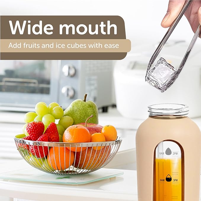 24oz Glass Motivational Water Bottle with Flip Lid Straw, Silicone Protective Sleeve, Handle, Reusable BPA Free (Amber)