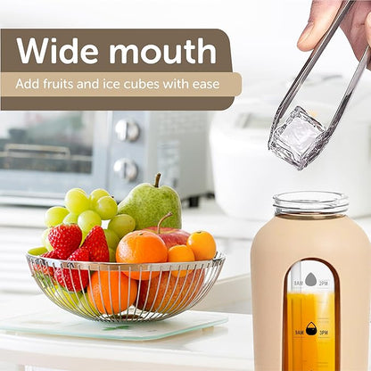 24oz Glass Motivational Water Bottle with Flip Lid Straw, Silicone Protective Sleeve, Handle, Reusable BPA Free (Amber)