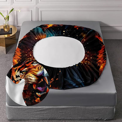 AILONEN Tiger Fitted Sheet Set Queen Size for Boys, Safari Tiger Bed Sheet Set for Kids Teen,3 Pieces Wildlife Bedding Flame Animal Tiger Print Fitted Sheet with 2 Pillowcases
