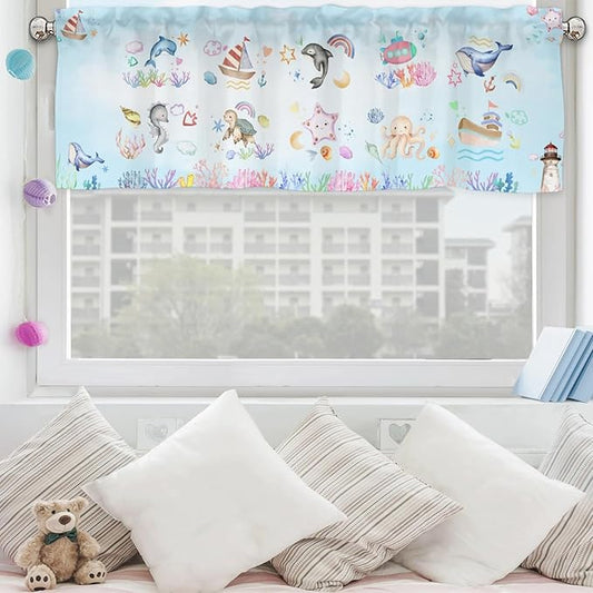 Colorful Sea Animals Valance 54''x18'' Kids Toddler Nursery Bedroom Window Decor Drapes Whale Dolphin Turtle Sea Horse Corals Rainbow Rod Pocket Short Curtains for Kitchen Living Room Bathroom 1 Pack