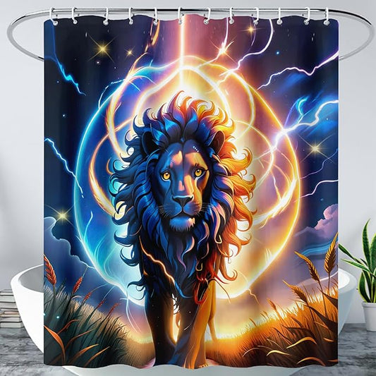 AILONEN 3D Lion Shower Curtain for Bathroom,Gold Halo Lightning Lion Printed Bath Curtain,Boys Teen Kids Running Lion Decoration Shower Curtain Waterproof 72" W*72" H