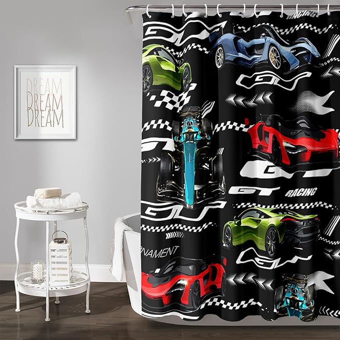 AILONEN Boys Racing Car Shower Curtain,Extreme Sports Car Bath Curtain for Kids Teen,Cool Speed Car Racer Waterproof Black Curtain for Bathroom Decor, 72" W x 84" H