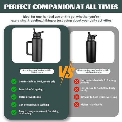 32oz Insulated Water Bottle with Handle, Stainless Steel Sports Metal Water Flask with Straw & 2 Leak Proof Lids, Double Walled Vacuum Wide Mouth Water Bottle for Travel, Camping, Gym Sports (Black)