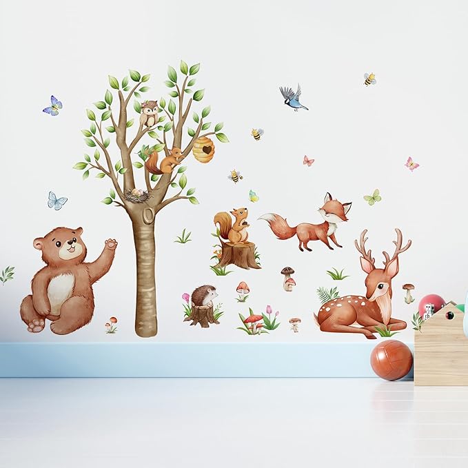 Animal Wall Decals Vinyl Butterfly Mushroom Wall Stickers, Removable Kids Toddler Jungle Forest Wall Murals Peel and Stick Flower Wall Art Decor Wallpaper for Bedroom Nursery Playroom