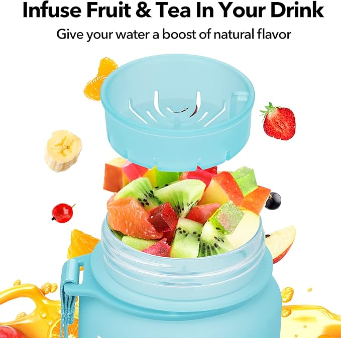 32oz/26oz Motivational Water Bottle with Time Marker & Fruit Strainer, Leak-proof BPA Free Non-Toxic 1l Bottle with Carrying Strap, Perfect for Fitness, Gym and Outdoor Sports, Plastic