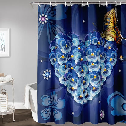 AILONEN Blue Floral Shower Curtain for Girls,Beautiful Butterfly Heart Flower Bath Curtain for Bathroom,Blue Print Polyester Waterproof with 12 Plastic Hooks,72" W*96" H Blue