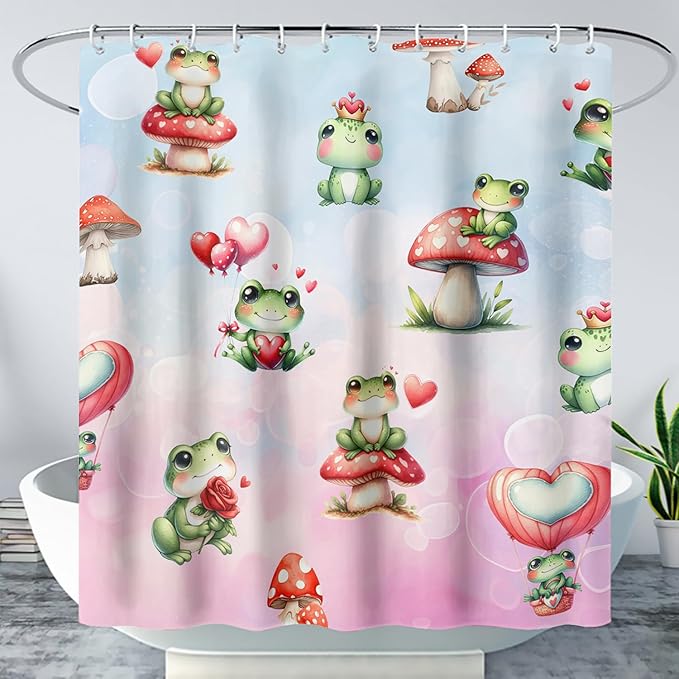AILONEN Cartoon Frog Shower Curtain,Green Frog with Red Mushroom Roses Bathroom Curtain for Kids Boys Girls,Kawaii Amphibian Animal Waterproof Fabric Shower Curtains for Bathroom,36" W*72" H