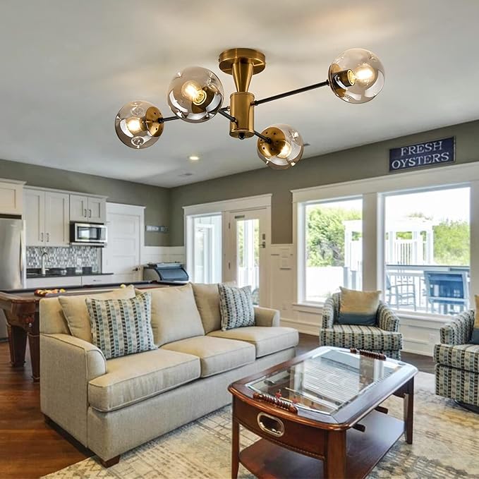 Modern Semi Flush Mount Ceiling Light Fixture, 4-Light Gold Mid Century Chandelier with Glass Globe,Ceiling Lighting for Dinning Room Farmhouse Kitchen Bedroom Living Room.