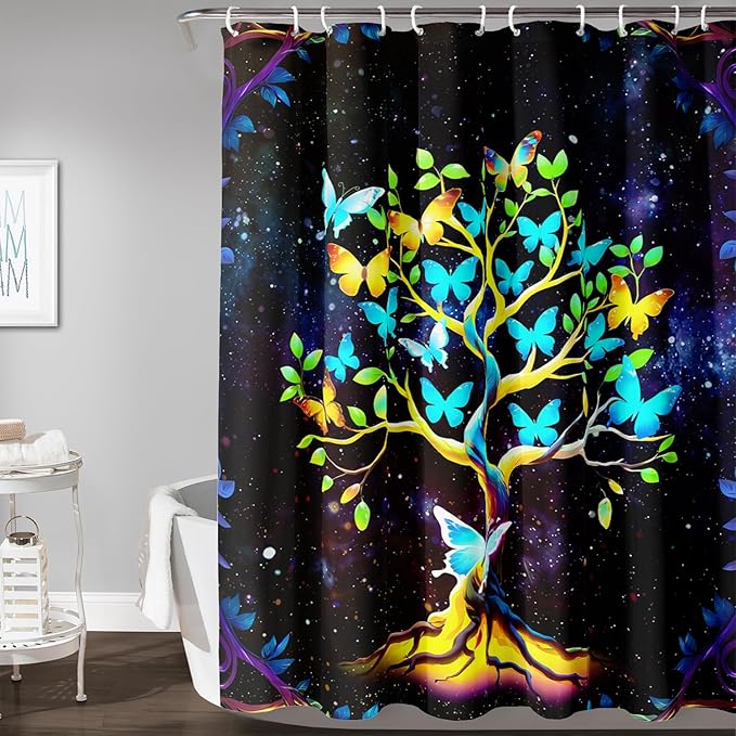 AILONEN Tree of Life Shower Curtain for Bathroom,Galaxy Starry Glowing Tree of Life Bath Curtain,Colorful Tree Shower Curtain Waterproof with 12 Plastic Hooks for Boys Girls Adults 36" W*72" H