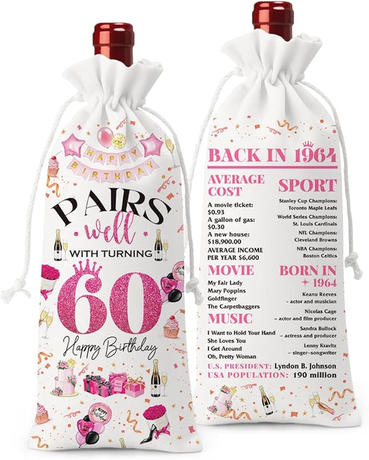 60th Birthday Gifts for Women Men Wine Bag, Cool Birthday Gifts for 60 Year Old Woman, 60th Birthday Party Decorations for Woman Men, Pairs Well with Turning 60 Wine Bags (White Pink)