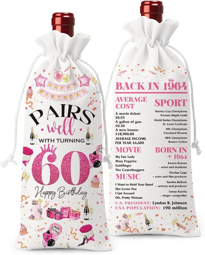 60th Birthday Gifts for Women Men Wine Bag, Cool Birthday Gifts for 60 Year Old Woman, 60th Birthday Party Decorations for Woman Men, Pairs Well with Turning 60 Wine Bags (White Pink)