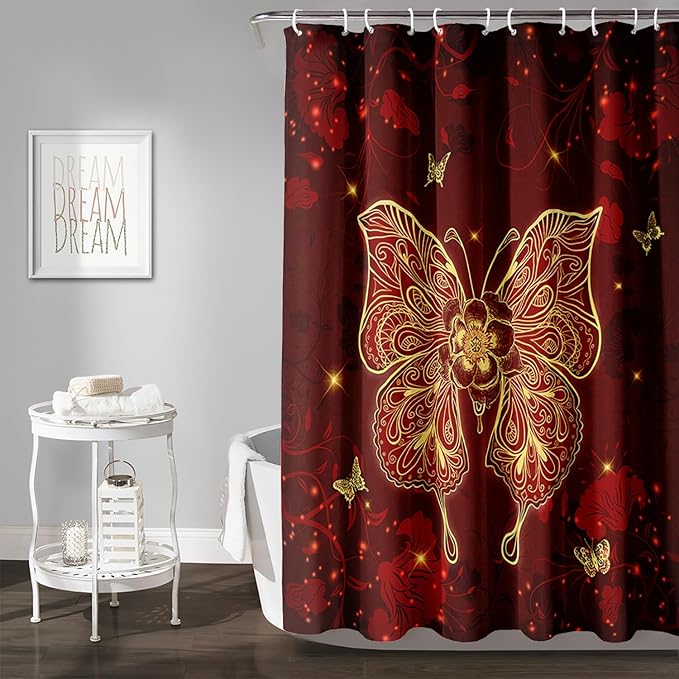 AILONEN Rose Butterfly Waterproof Curtain,Red and Gold Butterfly Floral Bath Curtain,Modern Chic Flower Polyester Fabric Red Curtain with 12 Plastic Hooks, 60" W x 72" H