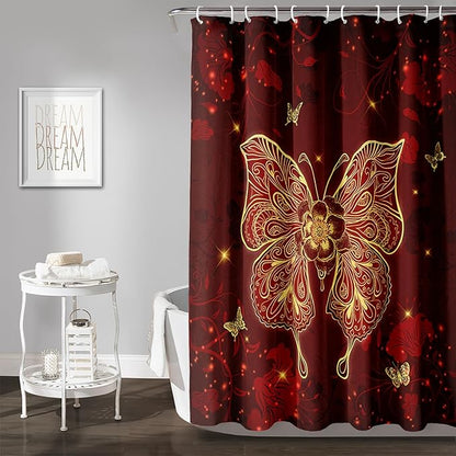 AILONEN Rose Butterfly Waterproof Curtain,Red and Gold Butterfly Floral Bath Curtain,Modern Chic Flower Polyester Fabric Red Curtain with 12 Plastic Hooks, 48" W x 72" H