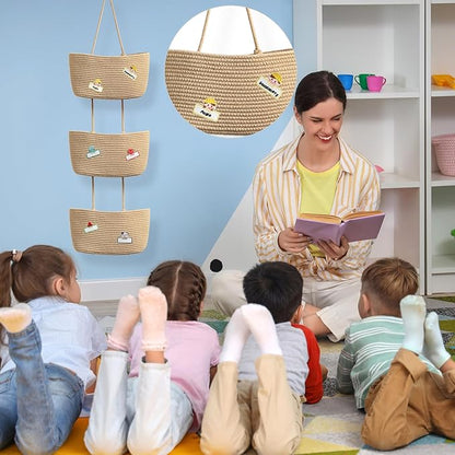 TeoKJ Over the Door Hanging Basket, 3-Tier Woven Cotton Wall-Mounted Storage Organizer Bag Decorative with Self Adhesive Write-On Sticker Hanging Nursery Baskets - Jute