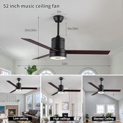52 Inch Ceiling Fan with RGB Dimming LED Light,with Music Bluetooth Speaker,with Remote Control,3-Speed Regulation, Reversible Motor,Timing,for Living Room,Bedroom,Restaurant,Outdoor