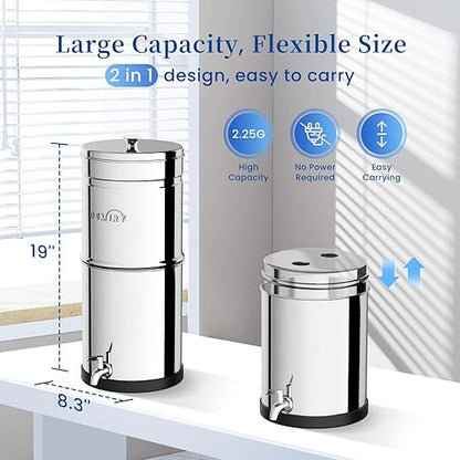 2.25G Gravity Water Filter System, NSF/ANSI 42&372 Standard, 304 Stainless Steel Countertop System with 2 Carbon Filters and Stand, Reduce 99% Chlorine and Lead