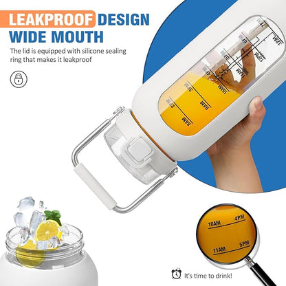 kytffu 64 oz Glass Water Bottle with Straw and Stainless Steel Handle, Half Gallon Water Bottle with Silicone Sleeve and Time Marker, 2L Large Glass Bottle for Gym, School, Travel, Leak-proof (White)