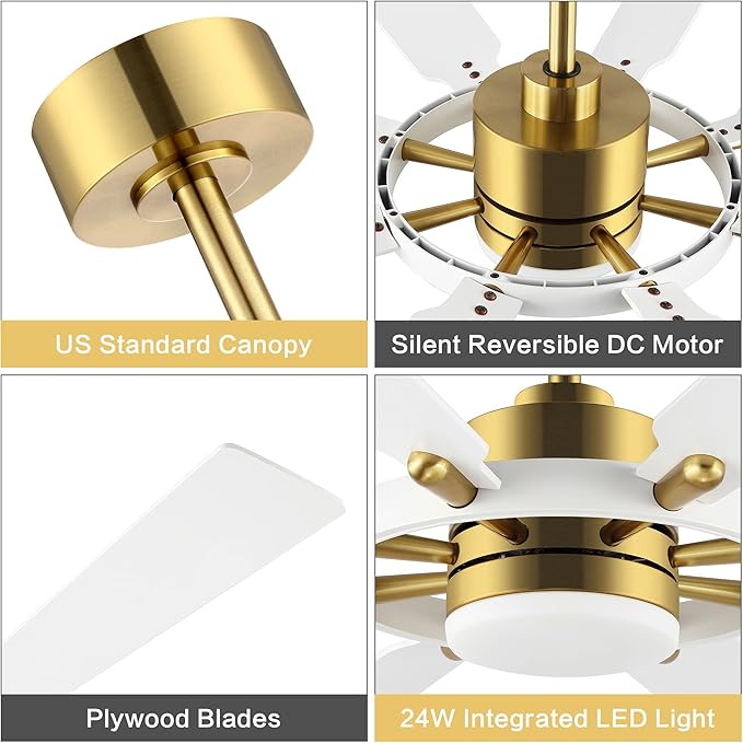 60" Ceiling Fan with Lights and Remote Control, Wood 8 Blades 6-Speed Noiseless Reversible DC Motor, Modern Large Ceiling Fan for Office Bedroom Dining Living Room, Gold Finish+White