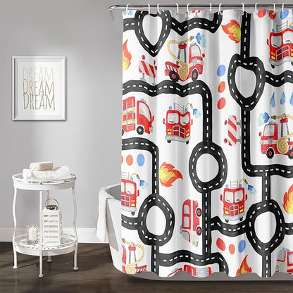 AILONEN Fire Truck Shower Curtain for Boys Bathroom Decor,Firemen Truck Bath Curtain,Construction Truck Printed Kids Curtain,Waterproof with 12 Plastic Hooks, 48" W x 72" H