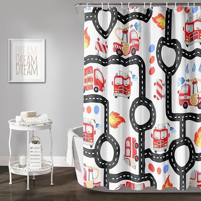 AILONEN Fire Truck Shower Curtain for Boys Bathroom Decor,Firemen Truck Bath Curtain,Construction Truck Printed Kids Curtain,Waterproof with 12 Plastic Hooks, 72" W x 84" H