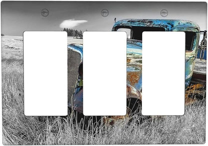 Vintage Country Old Blue Truck 3 Gang Rocker Light Switch Plate Rustic Automobile Triple Decora Outlet Wall Plate Cover Faceplate Decorative Switchcovers GFCI for Bathroom Bedroom Livingroom Decor