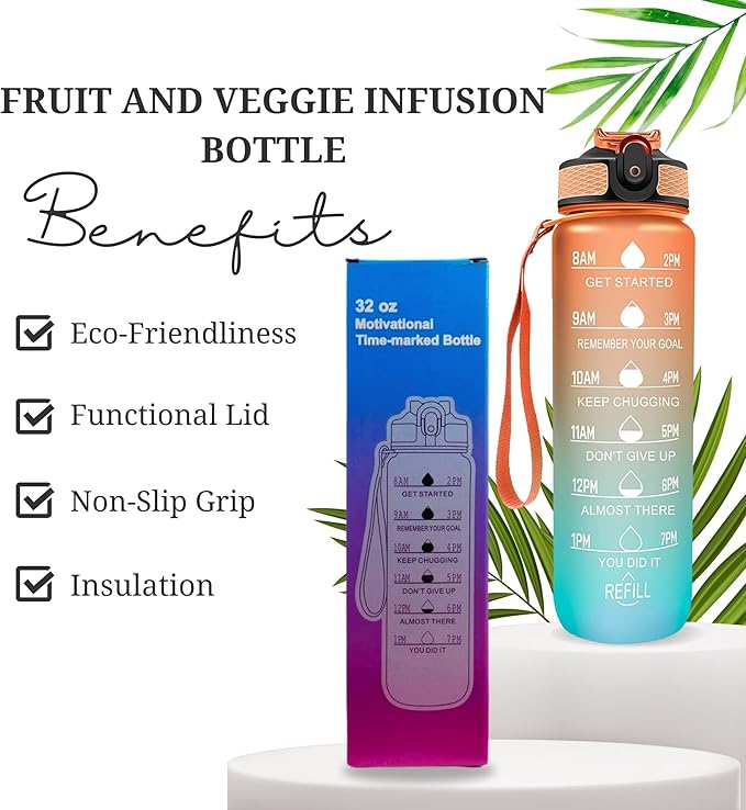 Leakproof Water Bottle with Straw & Lid - 32oz Motivational BPA Free Water Bottle with Time Markings & Straw Lid for Sports & Outdoors - Ensure Hydration with Leakproof Bottle and Straw