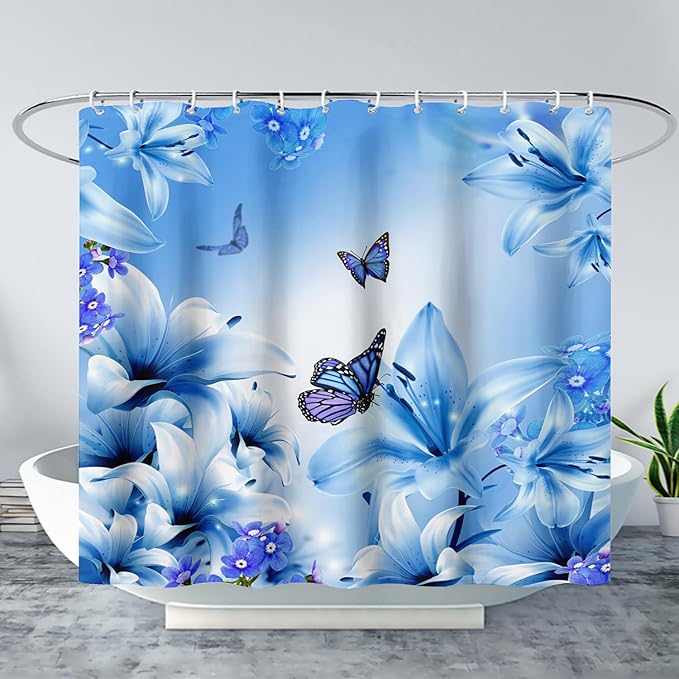 AILONEN Girls Butterfly Shower Curtain for Bathroom,Modern Botanical Floral Tulip Lily Flower Blue Butterfly Decor Bath Curtain 60" W*72" H Polyester Fabric Waterproof Bathroom Curtain with 12 Hooks