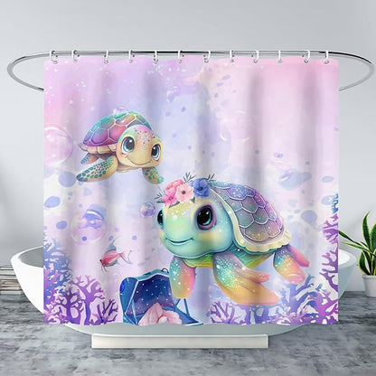 AILONEN Kawaii Sea Turtle Shower Curtain,Tie Die Ocean Animal Themed Bath Curtain Cloth Fabric Bathroom 72" W*84" H Inch,12 Pack Hooks for Kids,Sea Animal with Treasure Box Bathroom Curtain
