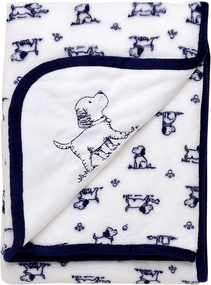 2-Ply Reversible Luxury Baby Blanket with Puppy Embroidery, Blue and White Little Me Puppy Toile Print (30 inch x 40 inch)