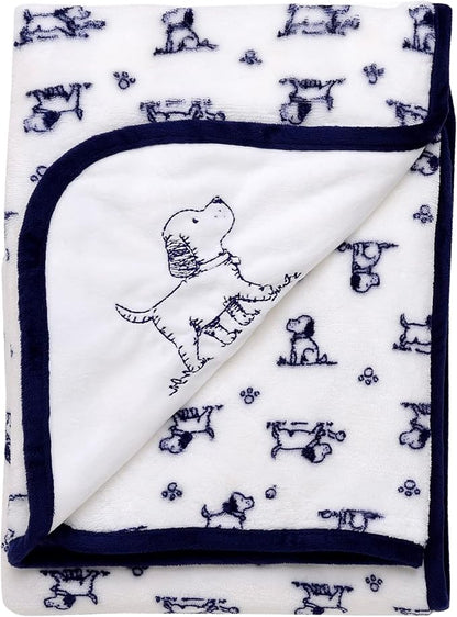 2-Ply Reversible Luxury Baby Blanket with Puppy Embroidery, Blue and White Little Me Puppy Toile Print (30 inch x 40 inch)