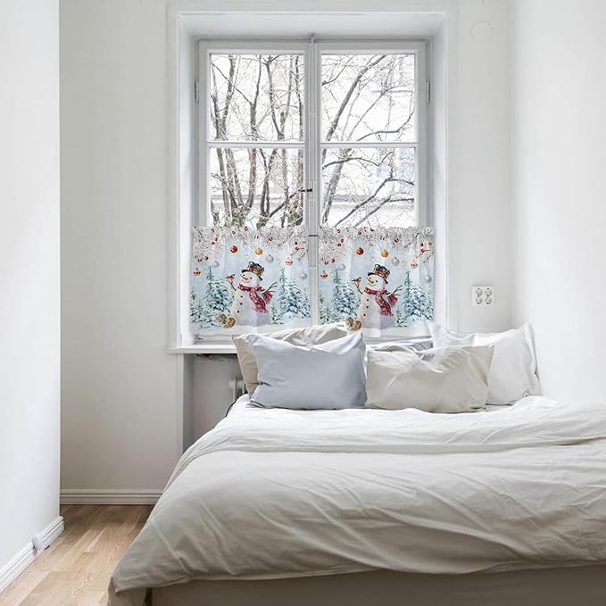 Snowman Kitchen Curtains and Valances Set, Blue Merry Christmas Tree Red Balls Squirrel Windows Treatments Tiers Half/Short Curtains for Small Windows Cafe /Living Room/ Bedroom 54x36 in Winter
