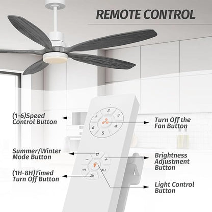60" Ceiling Fan with Light and Remote,Reversible DC Motor,6Speed,Modern Natural Wood Ceiling Fan with Dimmable LED for Outdoor Patios Bedroom Living Room,Grey Walnut and White