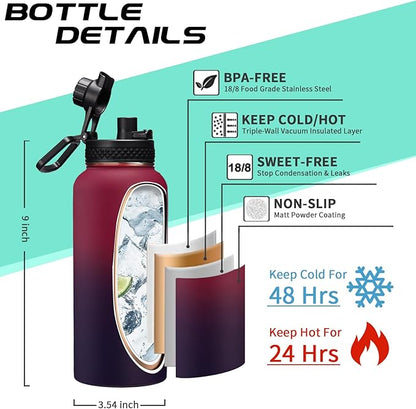 32OZ Insulated Water Bottle with Straw - Spout Lid, Sweat-Proof & BPA-Free Metal Reusable Water Bottles, Wide-Mouth Vacuum Insulated Bottle with Paracord Handle, Bottle Sleeve Bag & Protective Boot