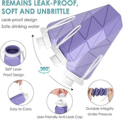 3pcs Collapsible Water Bottles,BPA-Free Leak-Proof Silicone Foldable Water Bottle Cup 20.6oz,Durable Lightweight Bottle for Gym Travel Camping Hiking Running (Purple+Green+Grey)