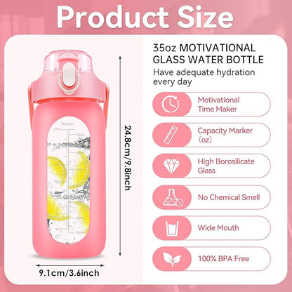 32 oz Glass Water Bottle with Time Marker - 1000ml Large Sports Motivational Water Bottles with Handle & Silicone Case, 1 Liter Leak-proof Measured Drinking Bottle for Gym Fitness Workout (Pink)