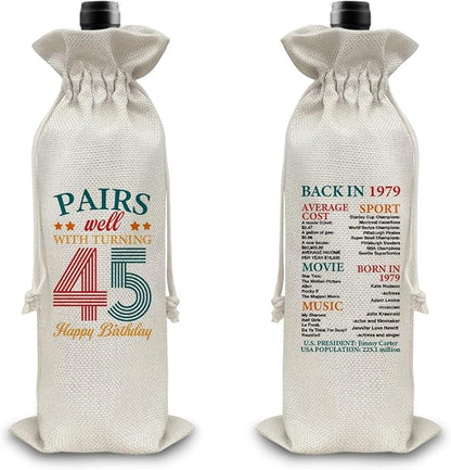 45th Birthday Gifts Wine Bag Congratulations Gifts for Women Men Parents Mom Dad Anniversary Favors 1979 with Time Information Wine Gift Bag