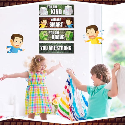 4 Pcs Game Bedroom Wall Decor Boys Room Decor for Kids Inspirational Wooden Hanging Wall Sign Motivational Quote Car Wall Decor for Boys Kids Nursery Playroom Kindergarten