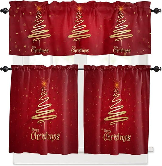 Christmas Tree Kitchen Curtains and Valances Set,Merry Xmas Red Window Treatments Tiers Winter Holiday Decor Semi Sheer Half/Short Curtains for Small Windows Cafe/Living Room/Bedroom 54x24 in,3-Piece