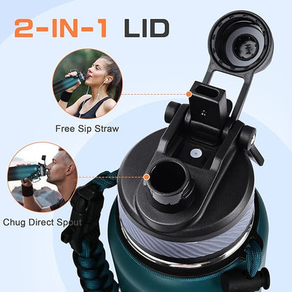 40 oz Insulated Water Bottle with Straw& Spout 2-in-1 Lid, Triple Wall Vacuum Stainless Steel Cold 48H, Leak Proof Sports Metal Flask Jug with Paracord Handle, Indigo Black