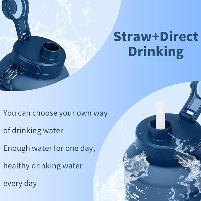 Collapsible 64oz Water Bottle with Handle & Straw - Spill-Proof Foldable Silicone Bottle for Men/Women (Blue, 2L)