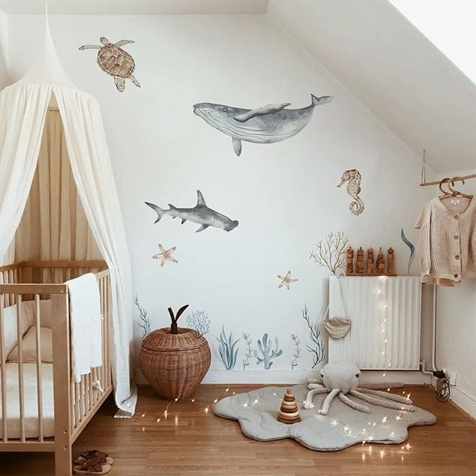 Removable Ocean Wall Stickers, Ocean Themed, Bathroom, Baby Room Sticker, Sea Animals, Removable Wall Stickers, for Baby Bedroom, Bathroom Decor