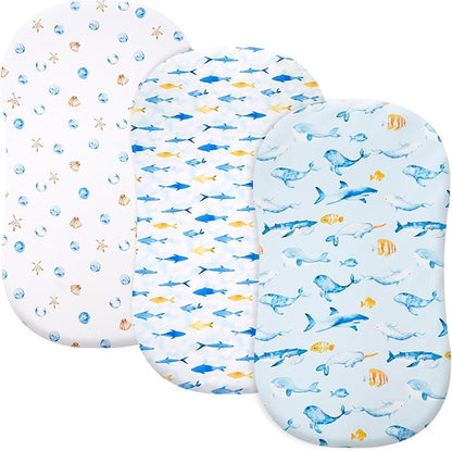 3 Pack Bassinet Sheets, Ultra Soft Breathable Comfortable Baby Sheet Set for Boys Girls Neutral, Univeral Fit for Most Cradle and Bassinet Mattress, Whale