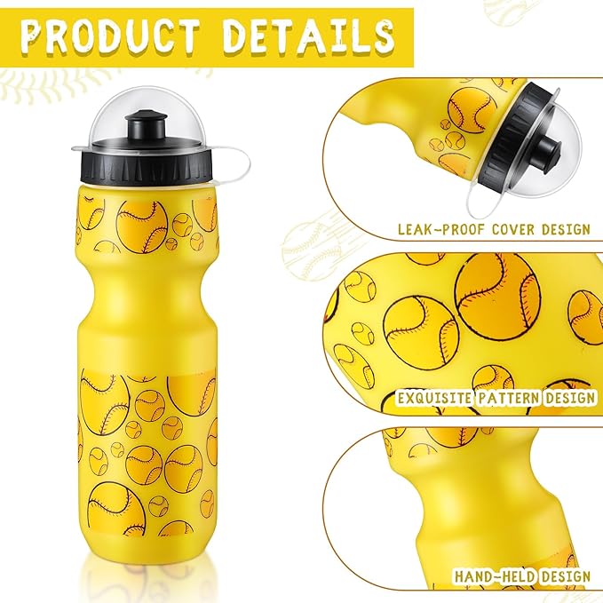 24 Pcs 24 oz Baseball Water Bottle Bulk and Drawstring Bag Set 12 Reusable Plastic Biking Water Bottle Tumbler 12 Sport Gym Goodie Gift Bag for Party Favor (Yellow)