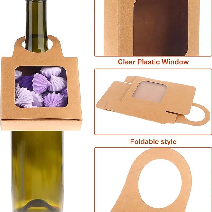 25pcs Kraft Paper Wine Bottle Box Wine Bottle Hanging Paper Box Hanging Foldable Wine Gift Boxes Hanging Bottle Gift Decoration for Holding Candy Truffles Chocolate Cookies